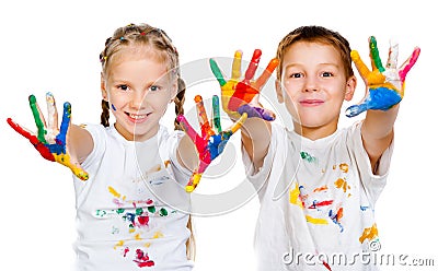 Kids with â€‹â€‹hands in paint Stock Photo